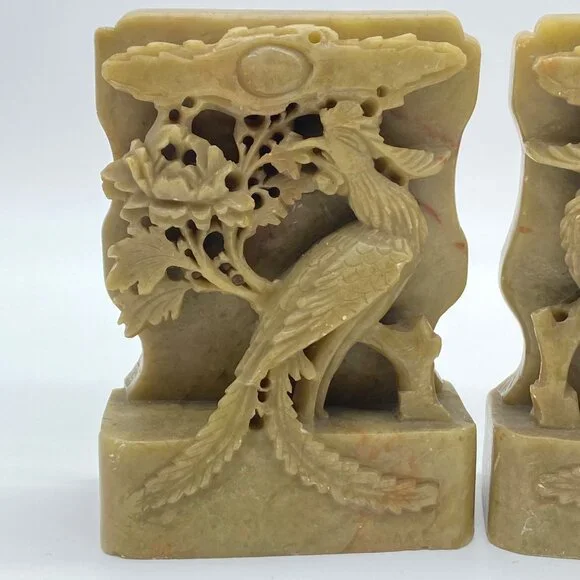 Vintage Pair of Hand-Carved Green Soapstone Bookends Phoenix Bird Lotus Flower - Picture 2 of 16